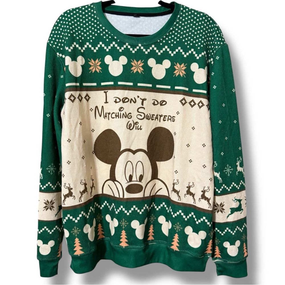I Don’t Do Matching Sweaters Will size men’s medium pullover Mickey Mouse trees